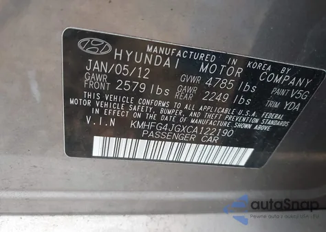 2012 Hyundai Azera z USA, uszkodzony, nr VIN KMHFG4JGXCA122190